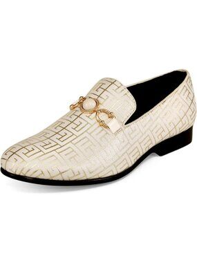 Amali Men's Cream Geometric Print Loafers Gold Buckle Slip On Wedding Shoes
